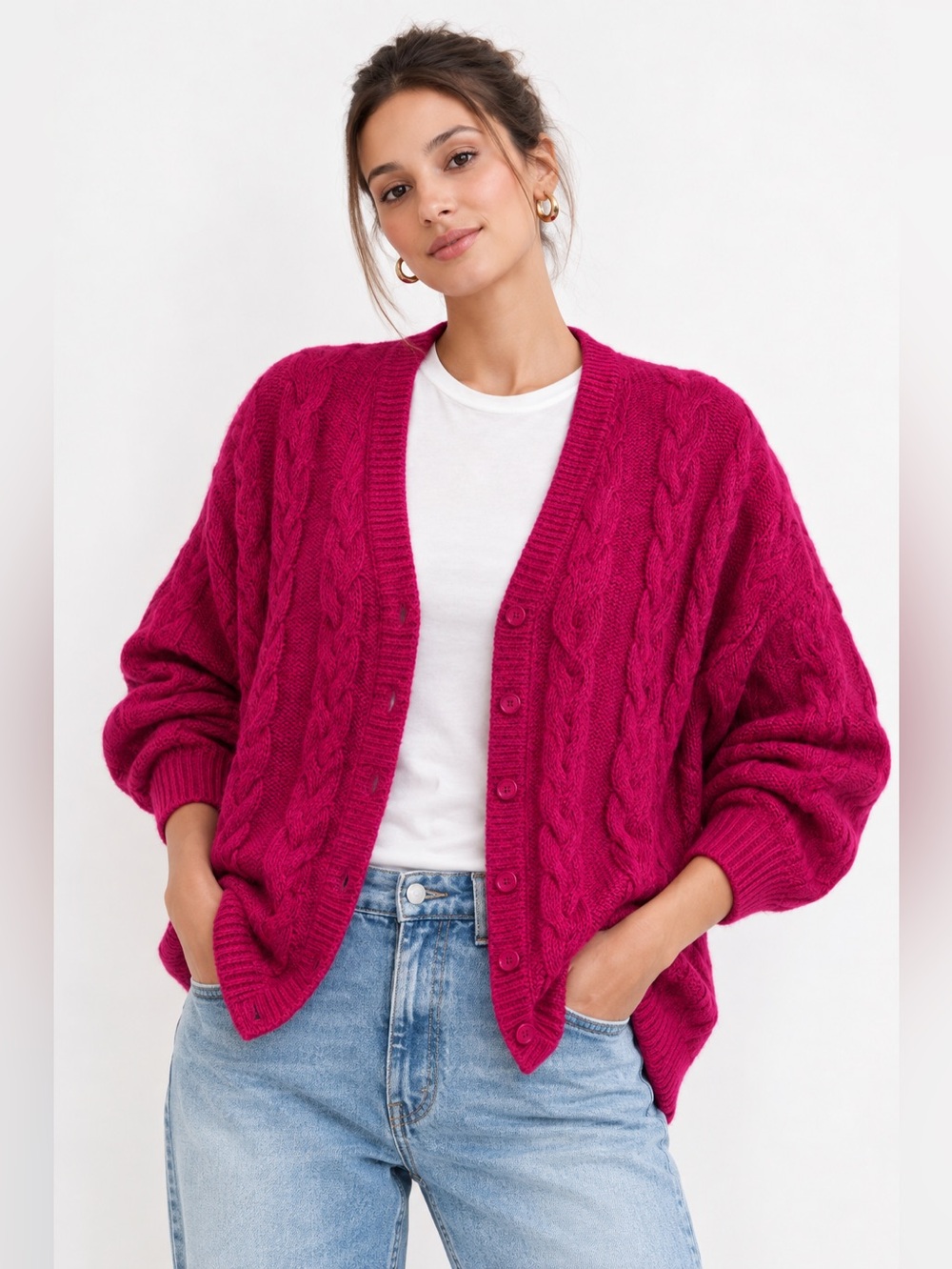Vintage Benetton Alpaca Wool Oversized Batwing Cardigan Made in Italy 46 Fuchsia